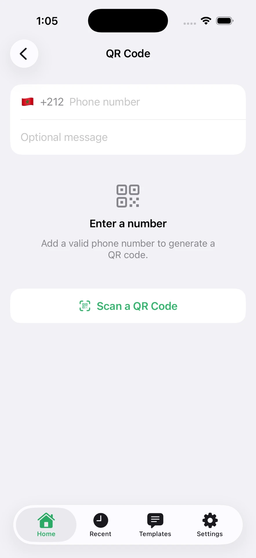 QR Code screen in Click to Chat with a phone number field, optional message and Scan a QR Code button