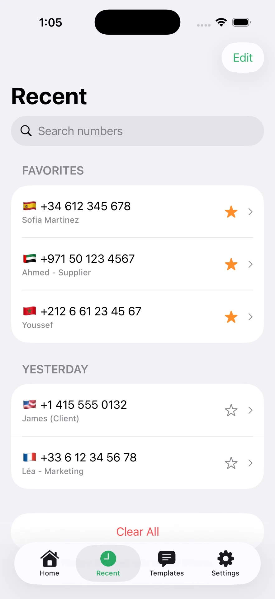 Recent screen in Click to Chat showing favorites and yesterday's numbers with country flags
